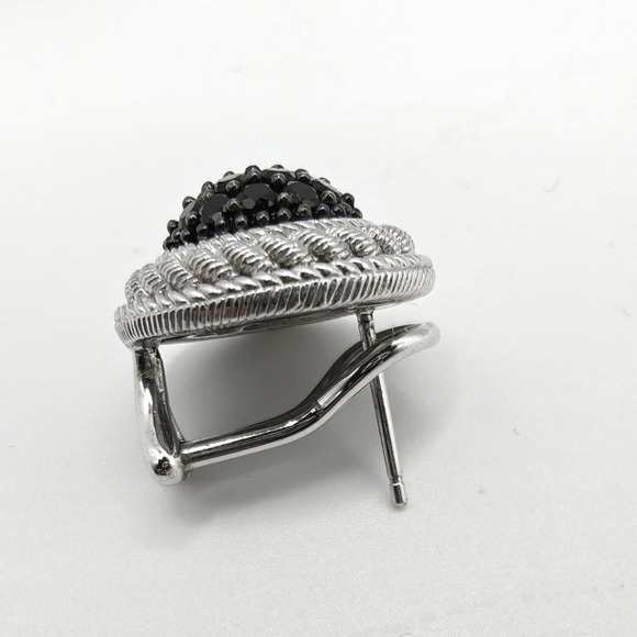 Judith Ripka Sterling Silver Black Spinel Pave Rope Border Omega Stud Earrings